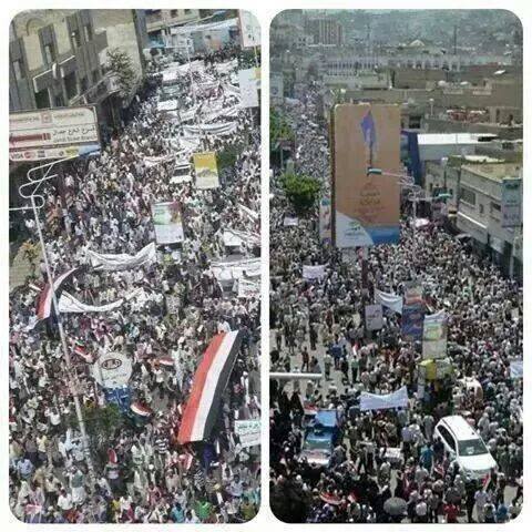 مئات الآلاف يتظاهرون في تعز وإب رفضا لحصار صنعاء ودعما لمخرجات الحوار الوطني