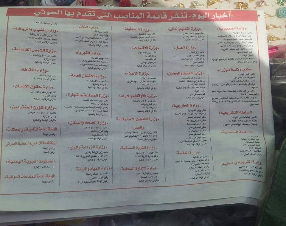 شاهد صورة لقائمة المناصب التي يطالب بها الحوثي